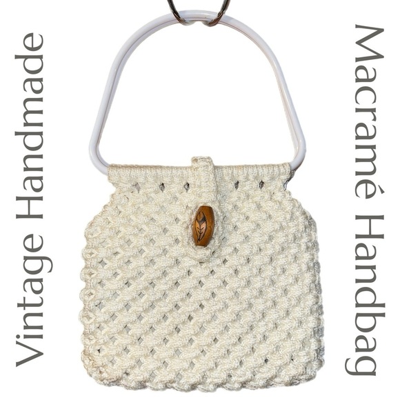 Vintage Handbags - Vintage - Handmade Macramé Handbag - White Handles - Boho Hippie